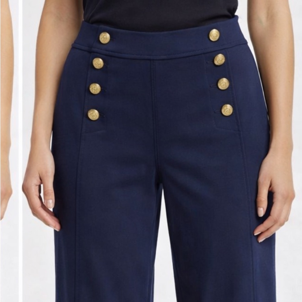 Ann Taylor Navy Wide Leg with Gold Buttons nautical Sailor stretch pants sz 10